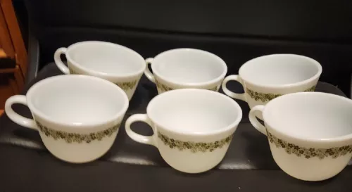 SET OF 6 PYREX SPRING BLOSSOM CRAZY DAISY MILK GLASS COFFEE MUGS TEA CUPS