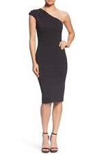 DRESS the POPULATION Quinn Black Ponte Knit One Shoulder Cocktail LBD XL = 10/12