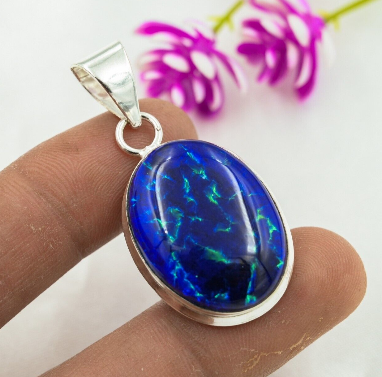 Blue Triplet Opal Pendant Gemstone Handmade 925 Sterling Silver Jewelry For Love