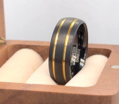 Wife Valentine Gift Black Tungsten Stylish Ring Yellow Gold Dual Strip Line Ring