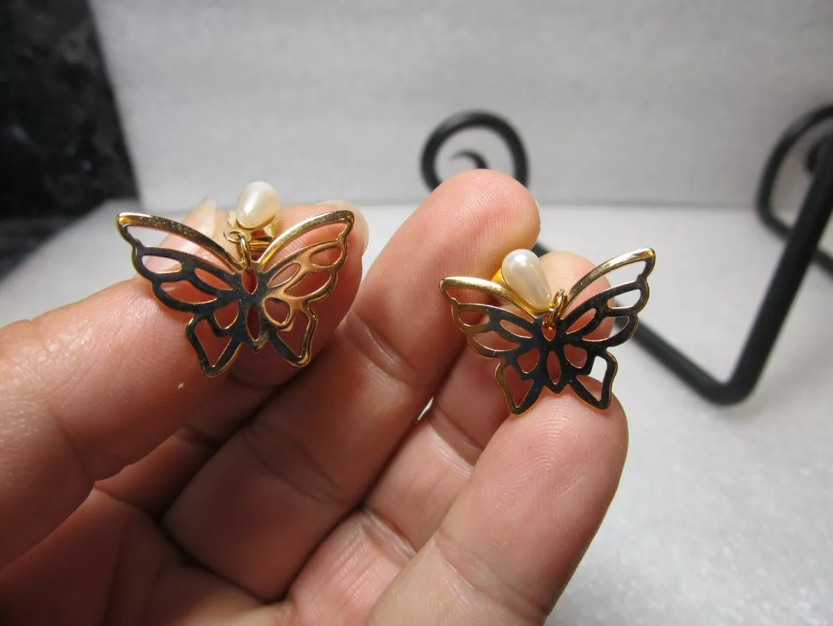 Vintage Avon Gold Butterfly Earrings Filigree Studs dangle with faux pearl