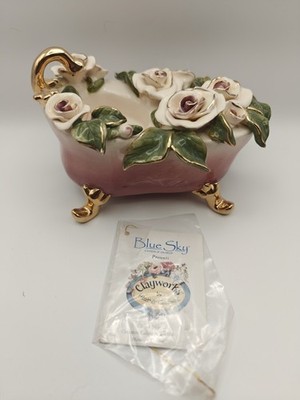Blue Sky Clay Works Rose Bathtub Tea light Holder. Ceramic 