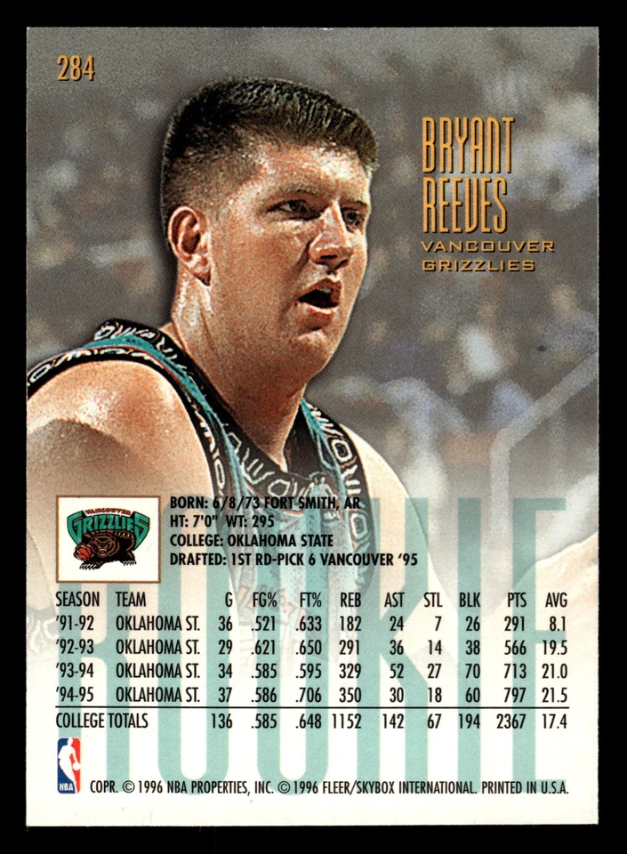 1995-96 Ultra #284 Bryant Reeves RC Vancouver Grizzlies - Image 2 of 2