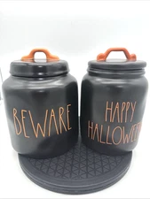 2 Rae Dunn Beware Happy Halloween Canister Halloween Chunky EUC