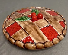 VTG Cherry Pie Stoneware Plate W/ Lid Covered/Server/Holder Lattice 10”