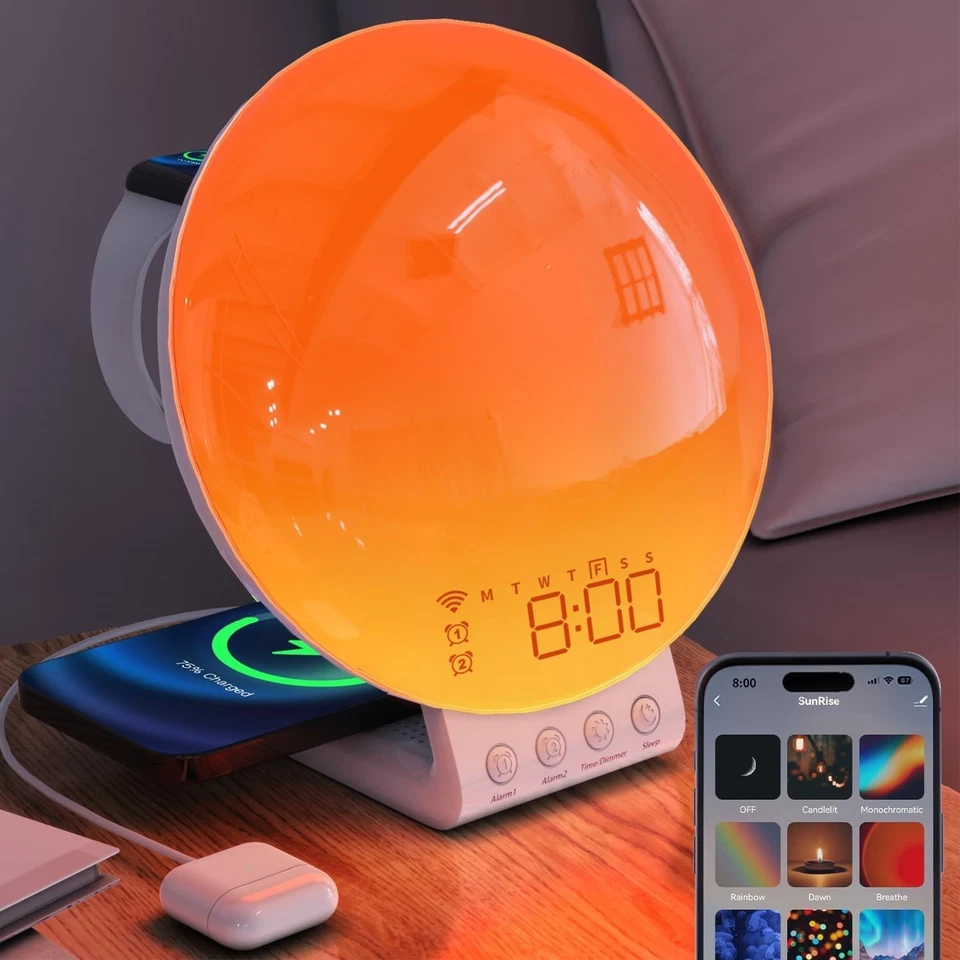 Sunrise Alarm Clock Wireless Charging Night Light Sound Machine Kids Adults - Image 3 of 4