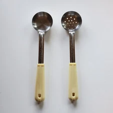 Vintage DURA-WARE 3oz Ladle & Skimmer Set 13" Ribbed Cream Handle Stainless...