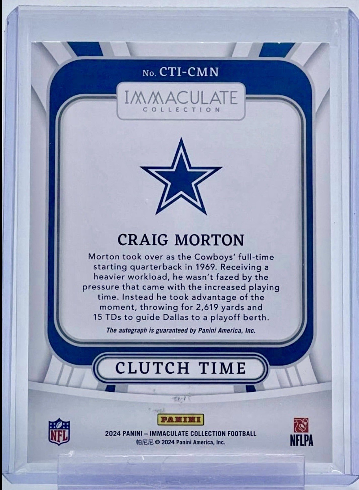 2024 IMMACULATE 1/1 CRAIG MORTON CLUTCH TIME AUTO PLATINUM COWBOYS view 2