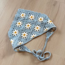 Crochet Daisy Flower Head Scarf Tie Bandana Cottagecore Headband Light Blue