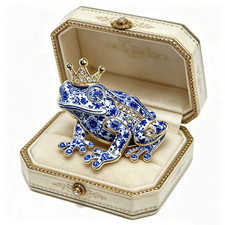 Blue White Porcelain Style Enamel Frog Brooch Animal Crystal Lapel Pin Jewelry G