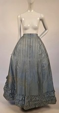 VICTORIAN 19TH C PINSTRIPED SILK BUSTLE SKIRT W RUFFLES  TRAIN