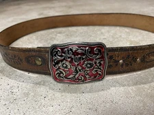 Vintage Western Tooled Embossed Brown Leather Belt Stitching Men's 40 USA 60s