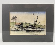 Disegno barca da pesca costiera vintage firmato Cox 8x6 arte nautica