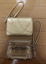 COACH Gold Pouch Wallet Set Detachable Strap Zip Closure Women Bag 2 Piece