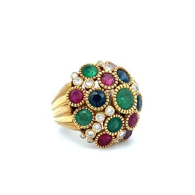 3.70 Carat Emerald Ruby and Sapphire 0.65 Carat Diamond 18K YG Cocktail Ring
