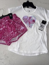 NEW ADIDAS Little Girl 6x Tee  Short Set Heart Pink Outfit T-Shirt Running