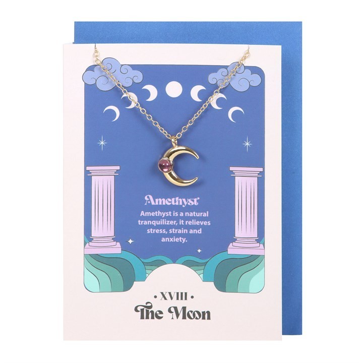 Amethyst  Crescent Moon Pendant Necklace with tarot inspired Greeting card