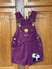 Vtg 90  s Looney Tunes Tweety Bird  Sylvester short Overalls Girls Sz 4 Purple