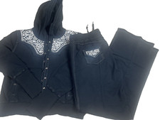 Hale Bob Embroidered Sweats Jacket Pants Size XL Cuffed Sleeves Black HB30007J