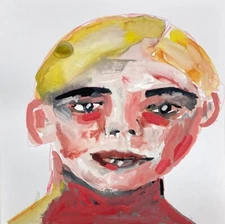 Original Portrait Blonde Boy Painting Expressive Collectible Outsider Art