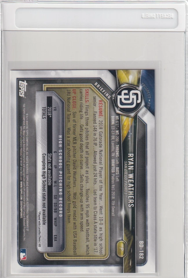 2018 BOWMAN 1ST RC RYAN WEATHERS SAN DIEGO PADRES FIRST DRAFT ROOKIE (QTY) Z609 - Image 2 of 2