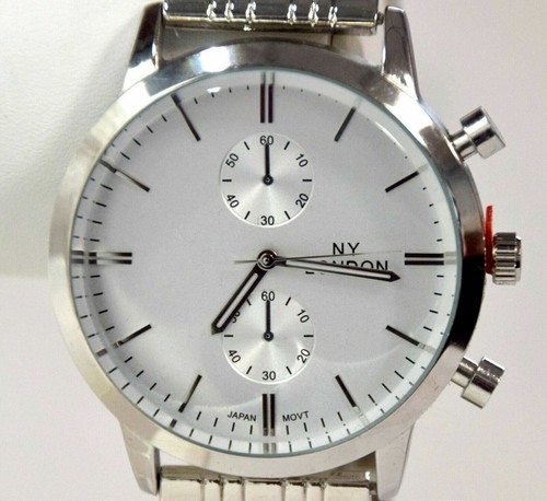 NEW NY London 9456-SIL Men's 46mm Analog Faux Two Eye Silver Dial Silver Watch - Picture 2 of 4