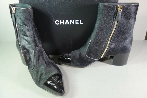 CHANEL 38 Black Calf Hair Patent Bootie 
