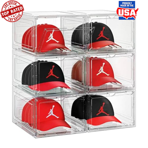 6 Pack Stackable Clear Hat Storage Box Plastic Magnetic Door Durable Organizer