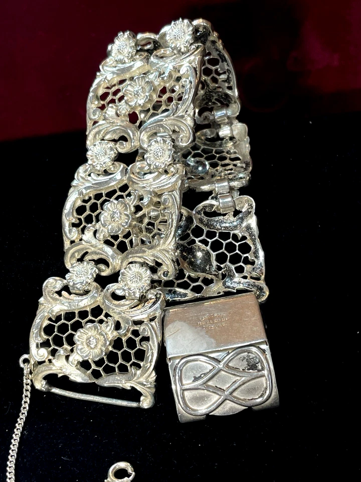 PULSERA PLATA ESTERLINA PANEL FLORAL ANCHO DISEÑADOR FIRMADA DANECRAFT 70 GRS Foto 3 de 4