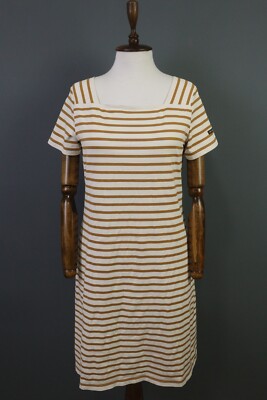Saint James White / Brown Striped Short Sleeve Square Neck Knee Lenght Dress