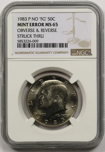 1983-P No FG 50C NGC Mint Error MS 65 Obv & Rev Struck Thru Kennedy Half Dollar