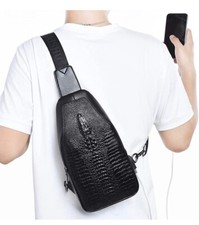Unisex Leather Crocodile Pattern Chest Bag Sling Backpack Crossbody Black