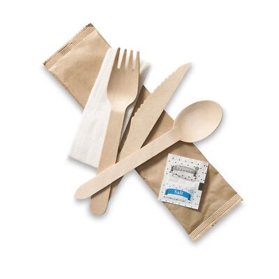 Zehnte Holz Besteck Set 6 1 Messer Gabel Löffel weiß Serviette Salz & Pfeffer Pack