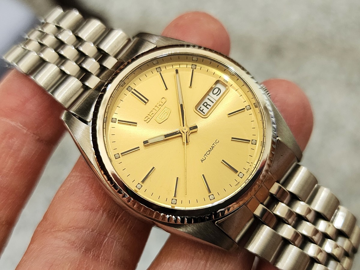Rare SEIKO 5 7S26-3110 Automatic Gold Dial Day Date Watch SS