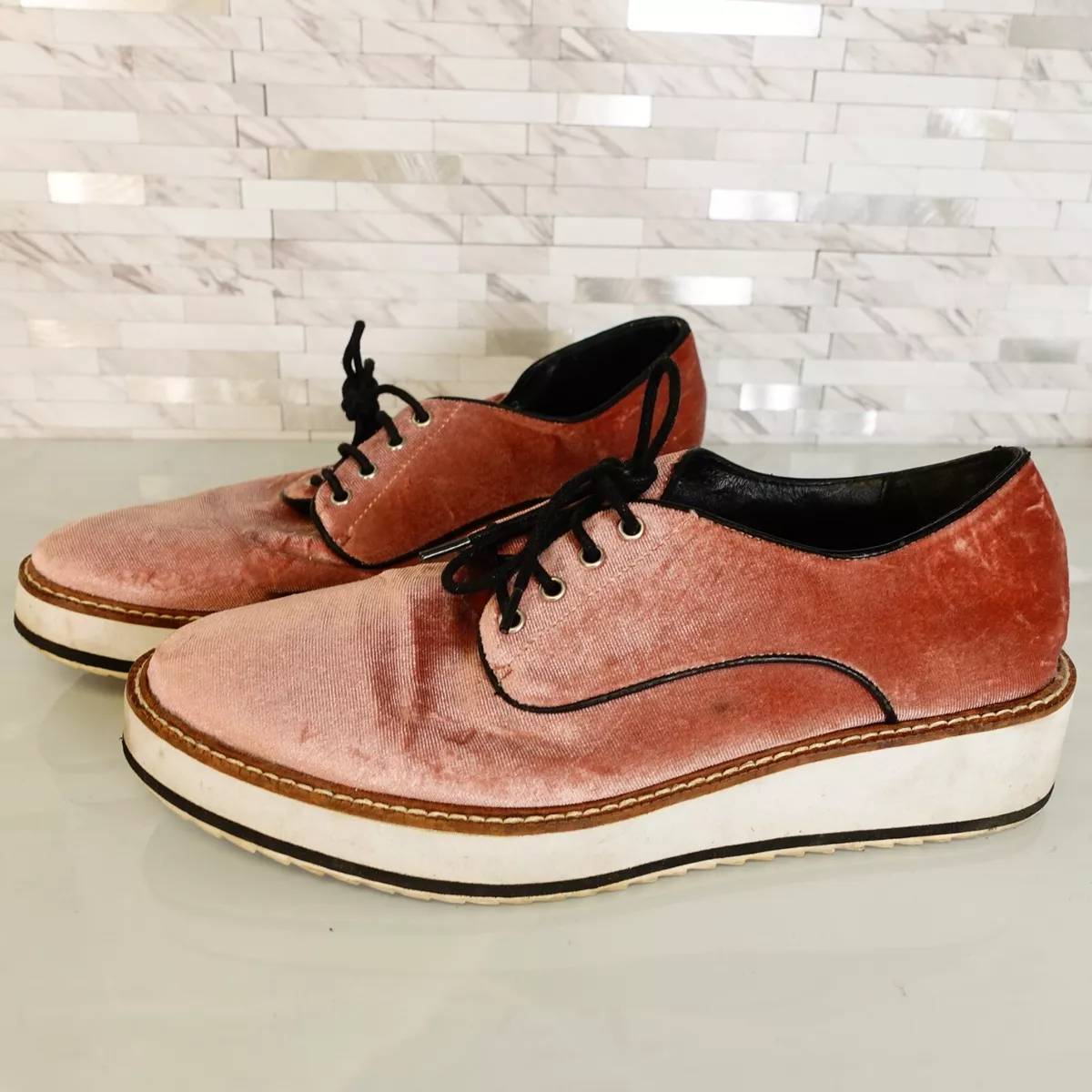 Shellys London Shoes 9 Suede Oxford Lace Up Platform Ankle Low Cut Pink Dark