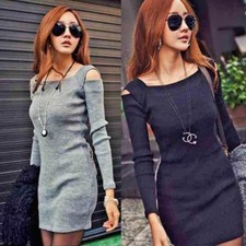 Comfortable Sweater Dress Cold Shoulder Style Bodycon In Fashion Black or Gray
