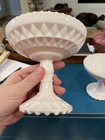 Vintage Jeannette Windsor Pink Milk Glass Pedestal Compote Dish Beaded Rim x 2 — photo 5