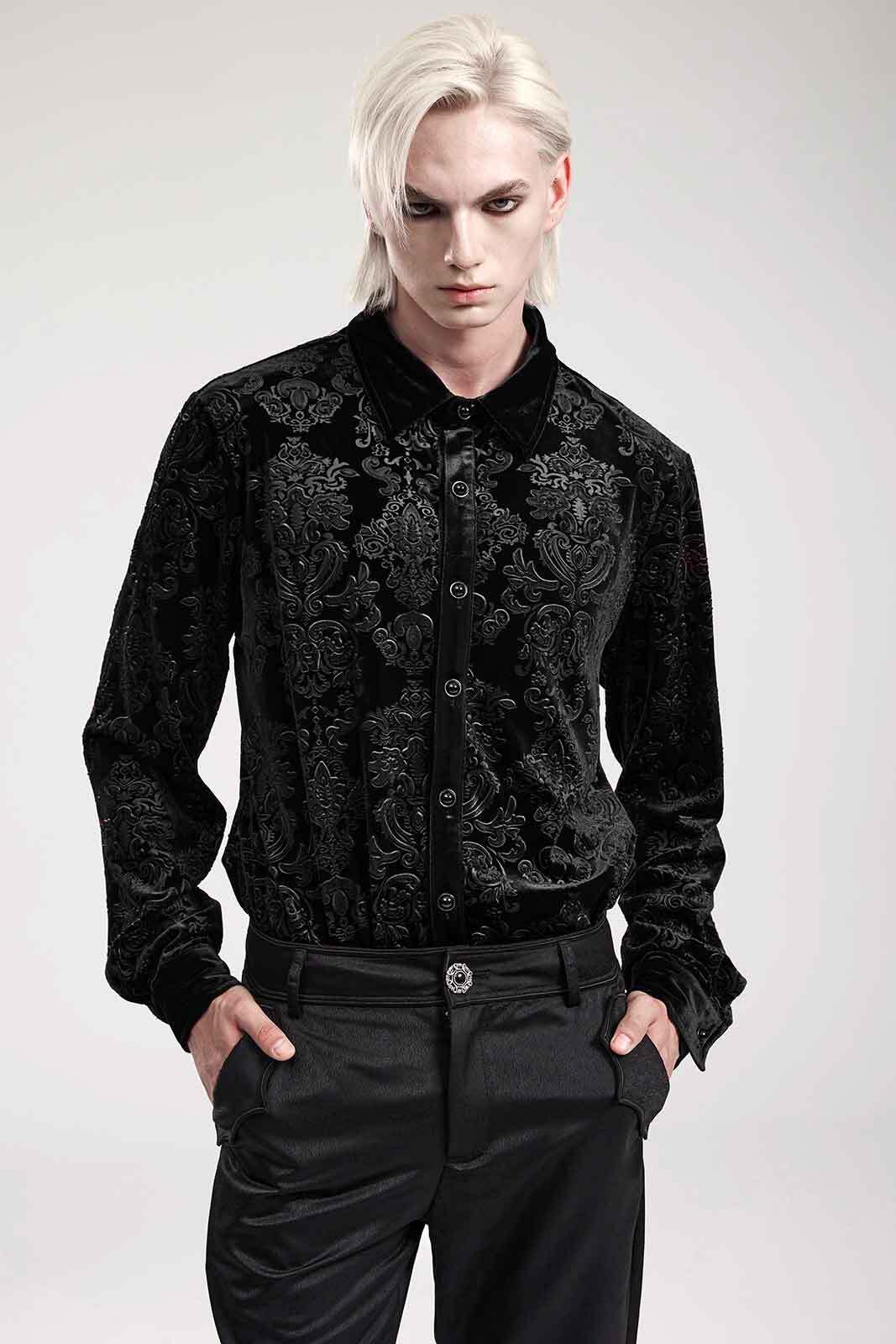 PUNK RAVE Gothic Hemd Herren Samt Schwarz Edel Noble Velvet Shirt NEO GOTH