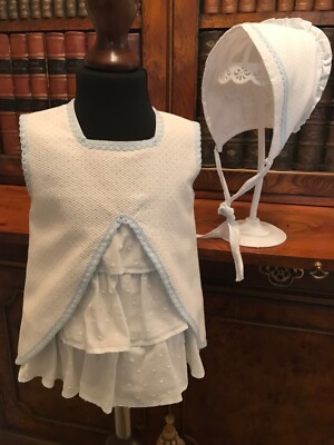 Baby Mädchen hellblau & weiß spanisches ärmelloses Sommerkleid & Mütze - 18M