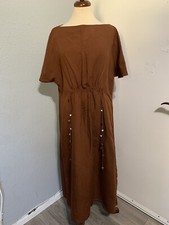 Zara New Beach Bohemian Linen Blend Brown Beaded Tunic Round Neck Dress Size L