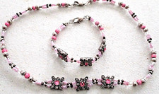 NOS 16" PINK Crystal Plastic Metal Bead NECKLACE 6" BRACELET Lobster Closure SET