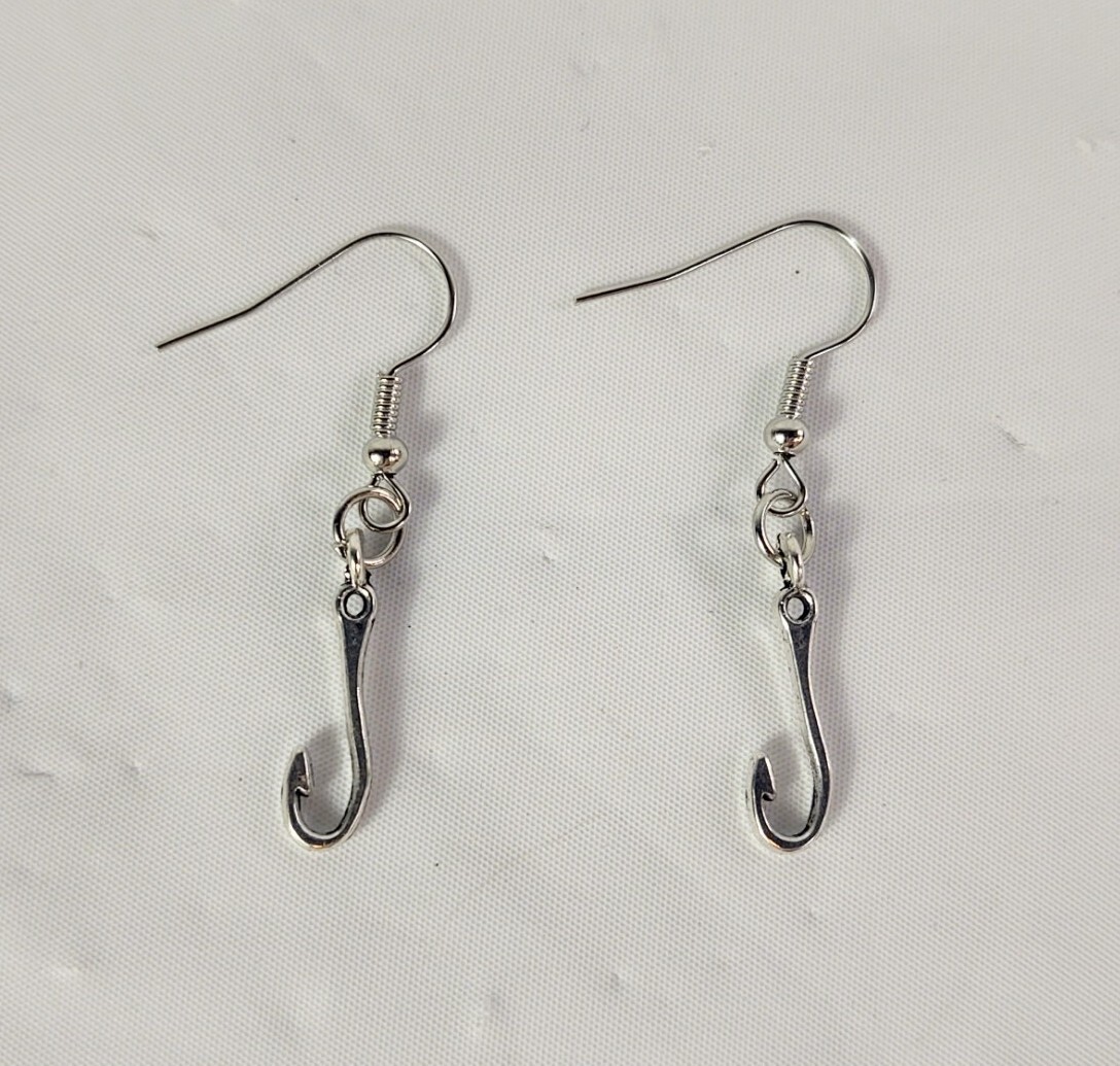 Hook Drop Dangle Pierced Earrings Fish Hook Silver Tone Metal Costume  Jewelry