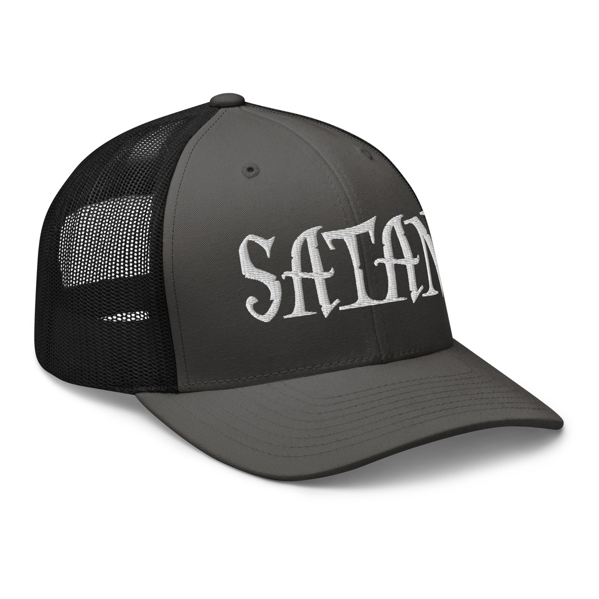 White Satan Pure Evil Trucker Hat Embroidered Occult Mesh Snapback