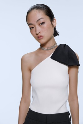 ZARA M White Black Shoulder Bow Top Knit ASYMMETRIC Ribbed Stretch Sleeveless | eBay
