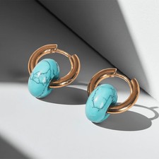 Edelstein-Creolen, echter Türkis, Edelstahl, 18 K vergoldet, Hoops, Ohrringe