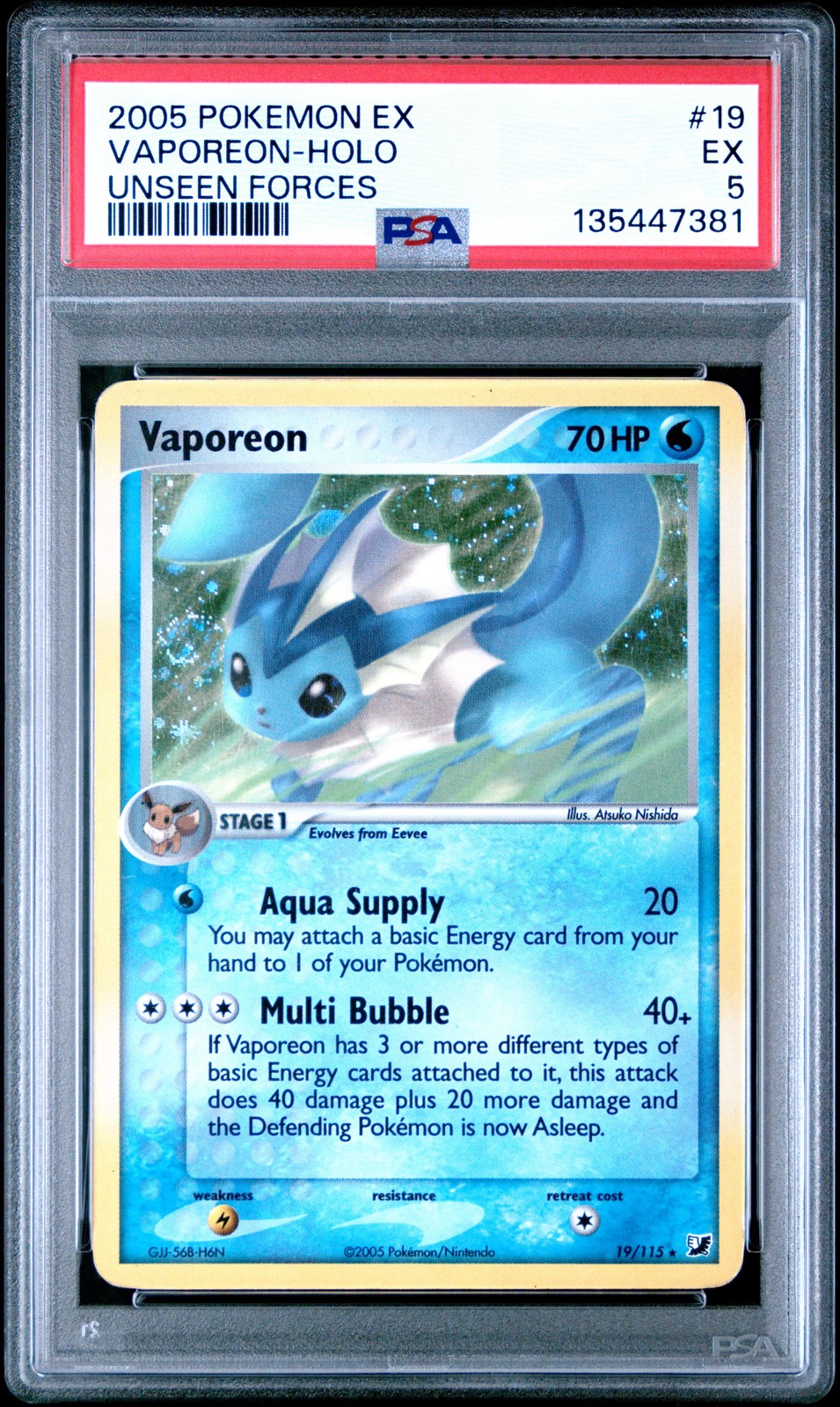 2005 POKEMON EX UNSEEN FORCES #19 VAPOREON-HOLO PSA 5