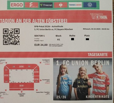 E-TICKET DFB Pokal 3.12.2025 Union Berlin - Bayern München # Alte Försterei