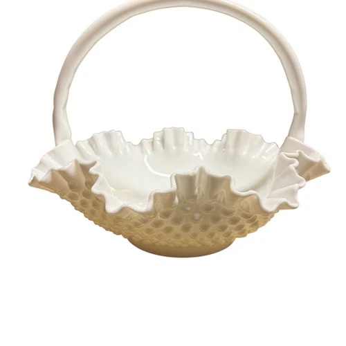 Vintage Westmoreland White Milk Glass Hobnail Ruffle Edge Basket with Handle 12”