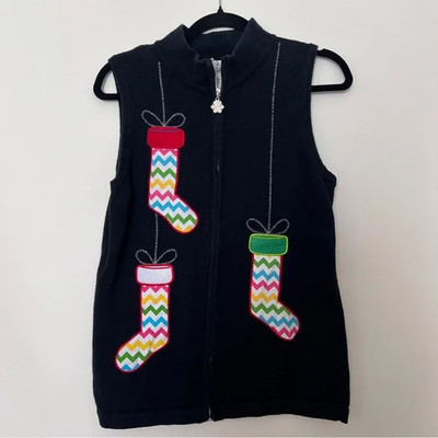 Nouveaux Sweater Vest Womens L Black Christmas Stockings Embroidered Granny Core