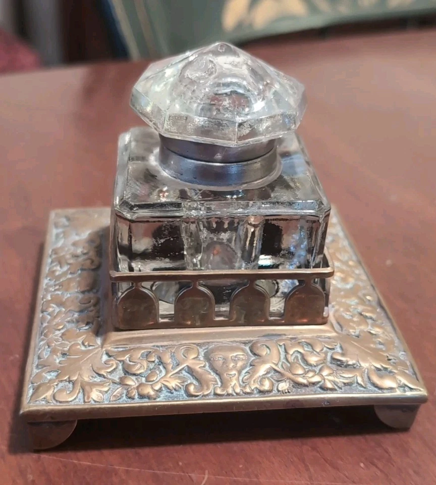 Antique Inkwell Ink Standish Brass & Glass Rococo Style 19th Century - Image 3 of 4